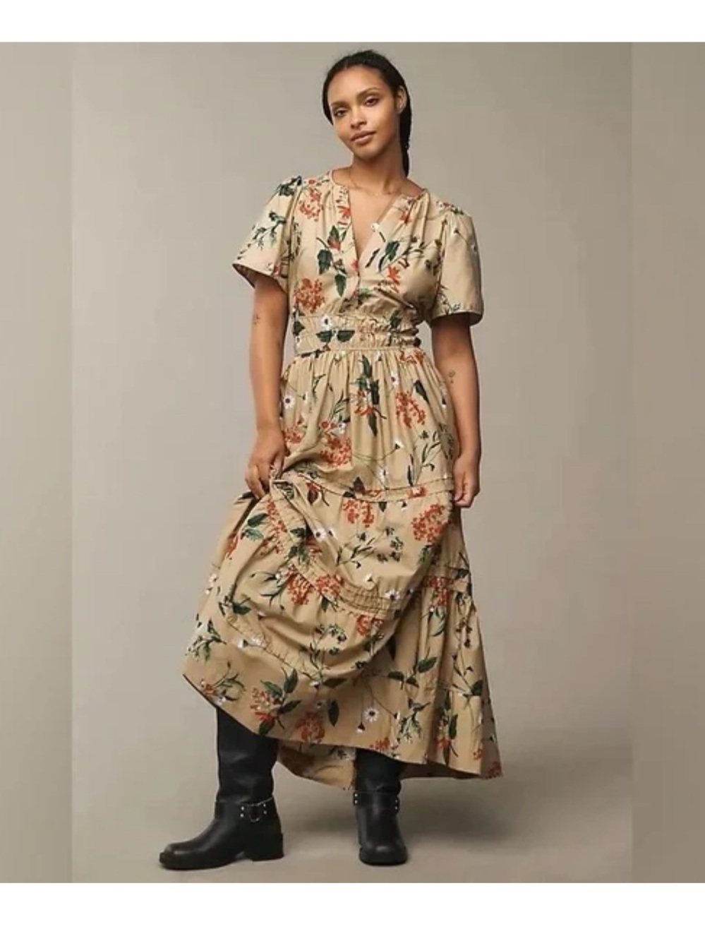 NWOT Floral V-Neck Tiered Maxi Dress in Beige